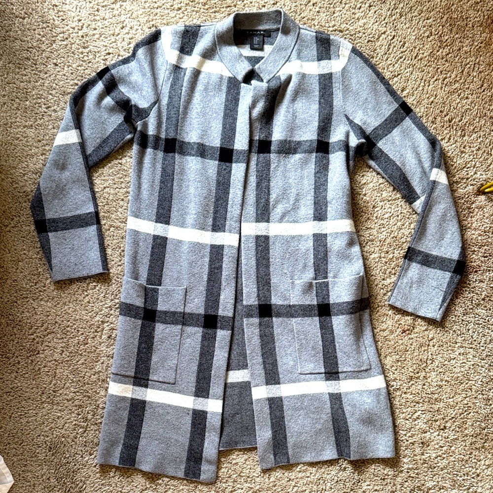 Tahari Plaid Long Collared Cardigan